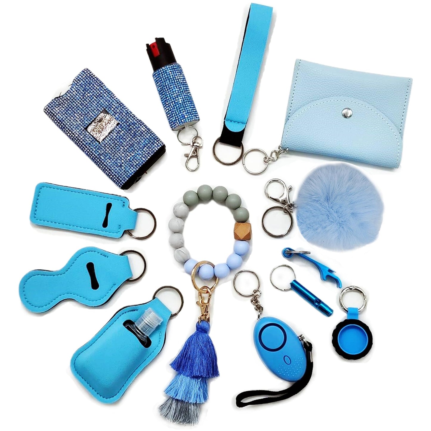 BATUMEYE Gift Keychain Set for Woman with Card Holder, Wristlet Strap, Whistle, Travel Bottle Holder, Bottle Opener