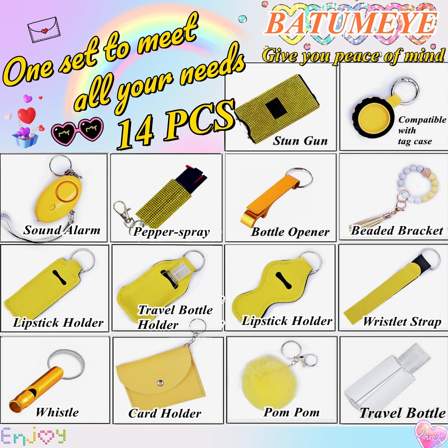 BATUMEYE Gift Keychain Set for Woman with Card Holder, Wristlet Strap, Whistle, Travel Bottle Holder, Bottle Opener