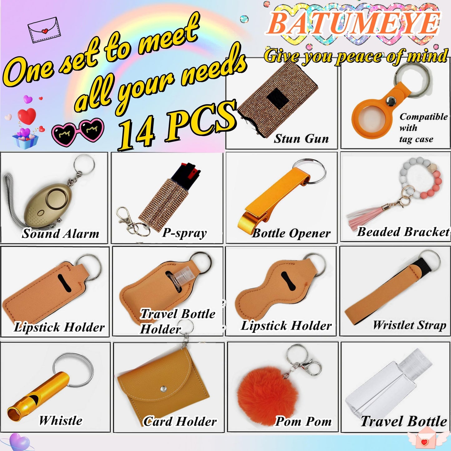 BATUMEYE Gift Keychain Set for Woman with Card Holder, Wristlet Strap, Whistle, Travel Bottle Holder, Bottle Opener