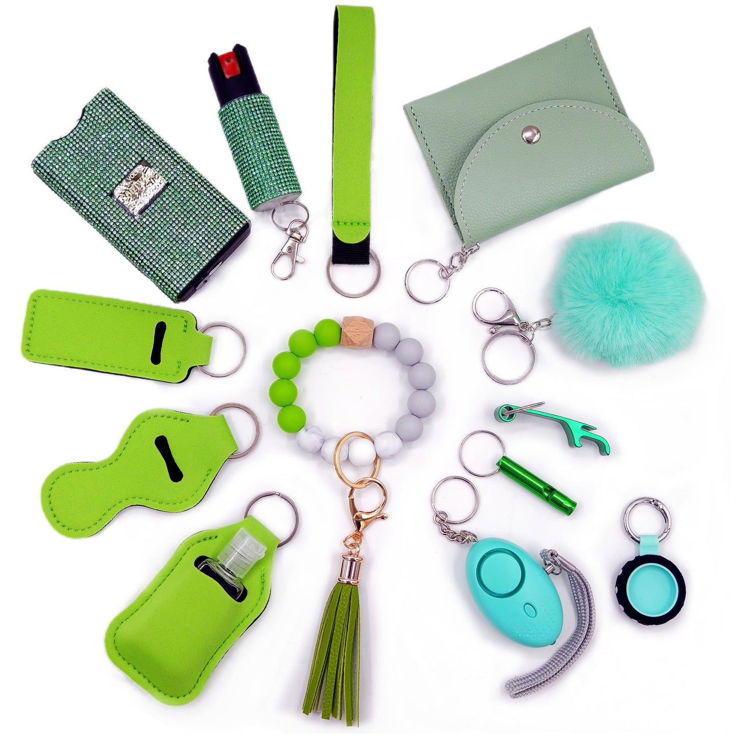 BATUMEYE Gift Keychain Set for Woman with Card Holder, Wristlet Strap, Whistle, Travel Bottle Holder, Bottle Opener