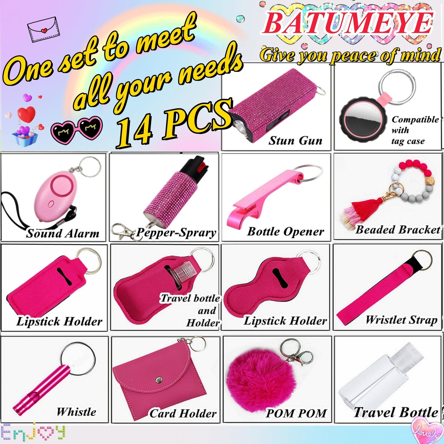 BATUMEYE Gift Keychain Set for Woman with Card Holder, Wristlet Strap, Whistle, Travel Bottle Holder, Bottle Opener
