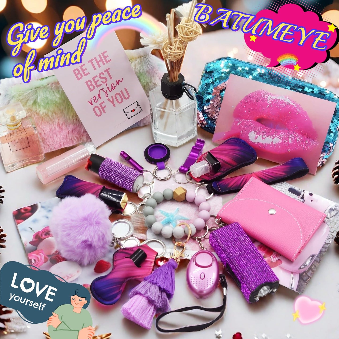 BATUMEYE Gift Keychain Set for Woman with Card Holder, Wristlet Strap, Whistle, Travel Bottle Holder, Bottle Opener