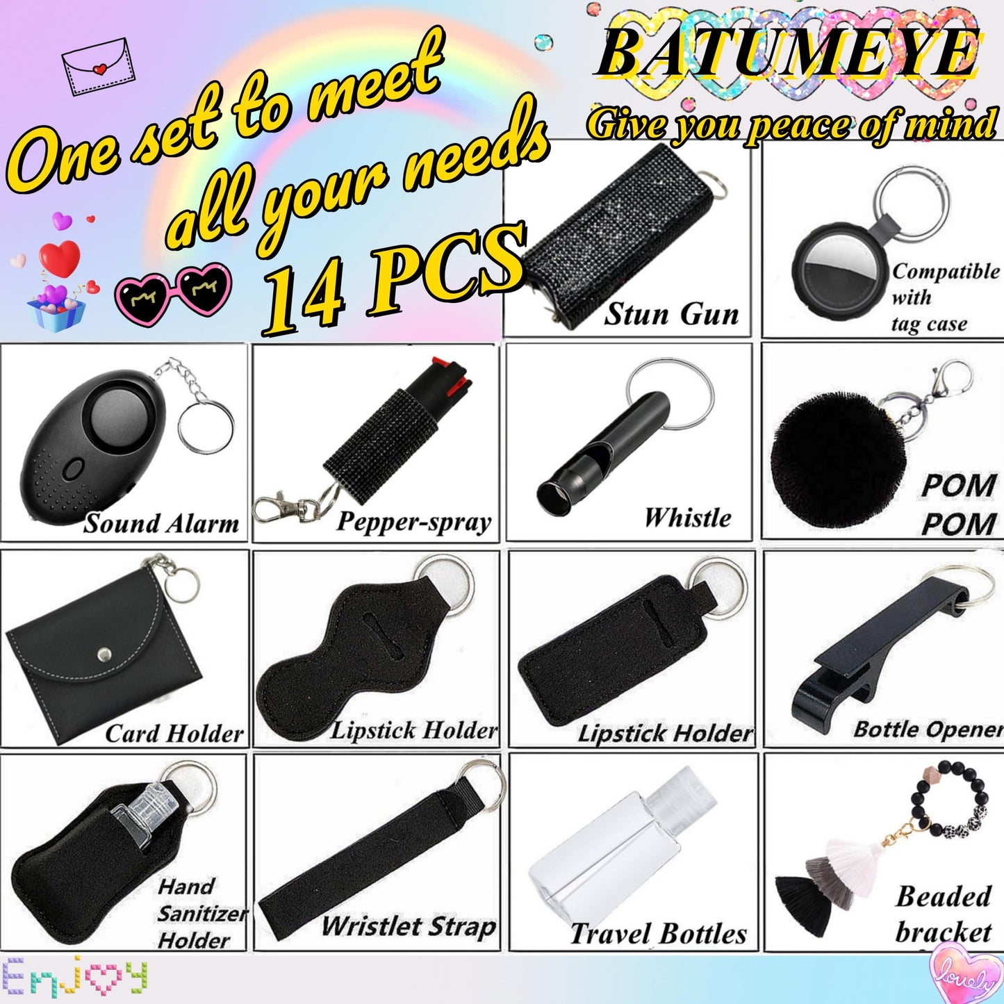 BATUMEYE Gift Keychain Set for Woman with Card Holder, Wristlet Strap, Whistle, Travel Bottle Holder, Bottle Opener