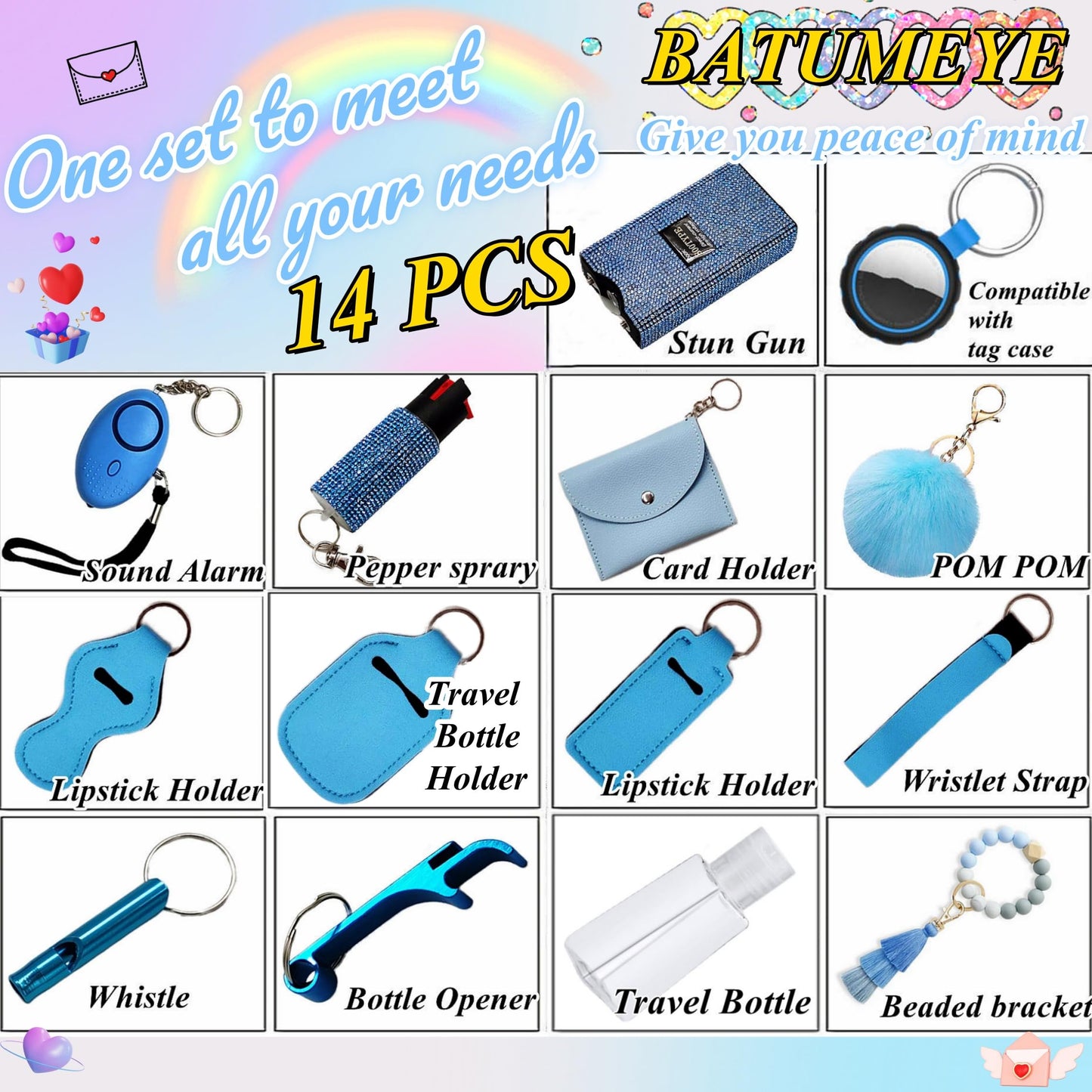 BATUMEYE Gift Keychain Set for Woman with Card Holder, Wristlet Strap, Whistle, Travel Bottle Holder, Bottle Opener
