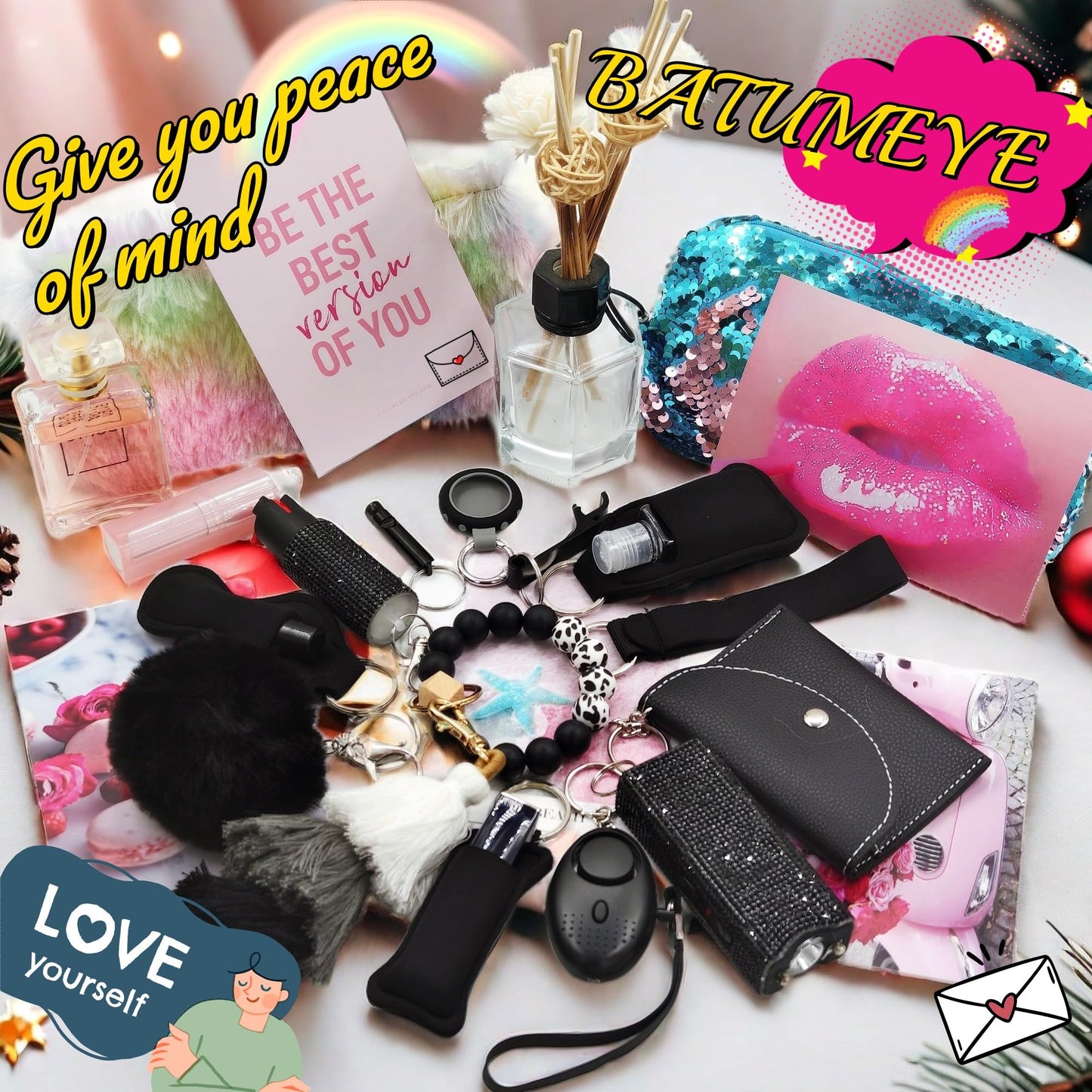 BATUMEYE Gift Keychain Set for Woman with Card Holder, Wristlet Strap, Whistle, Travel Bottle Holder, Bottle Opener