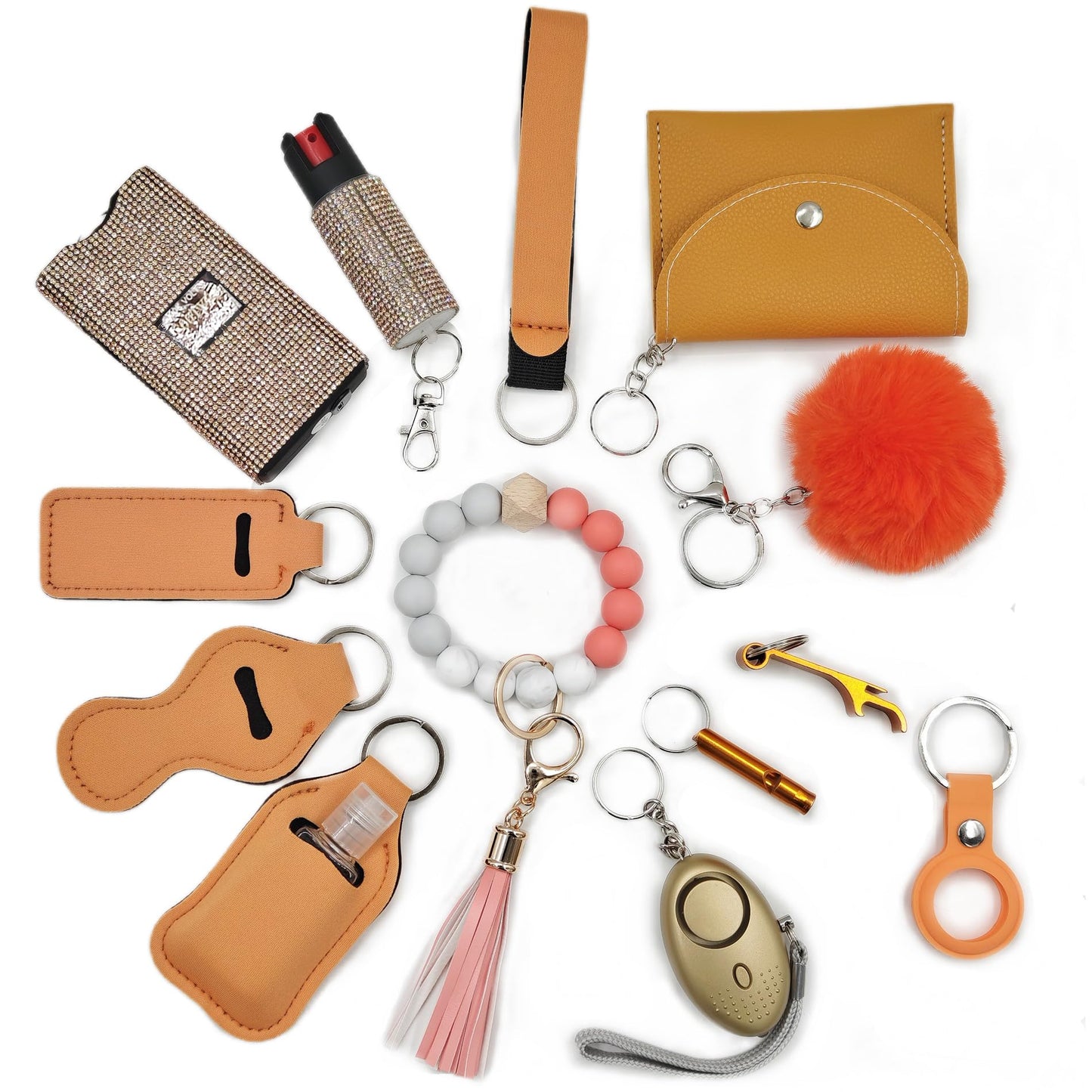 BATUMEYE Gift Keychain Set for Woman with Card Holder, Wristlet Strap, Whistle, Travel Bottle Holder, Bottle Opener