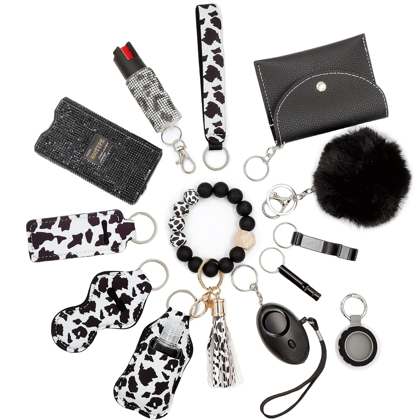 BATUMEYE Gift Keychain Set for Woman with Card Holder, Wristlet Strap, Whistle, Travel Bottle Holder, Bottle Opener