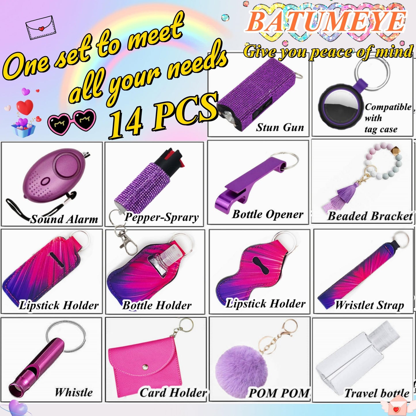BATUMEYE Gift Keychain Set for Woman with Card Holder, Wristlet Strap, Whistle, Travel Bottle Holder, Bottle Opener