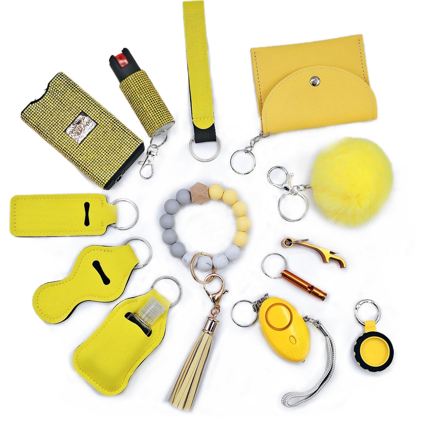 BATUMEYE Gift Keychain Set for Woman with Card Holder, Wristlet Strap, Whistle, Travel Bottle Holder, Bottle Opener