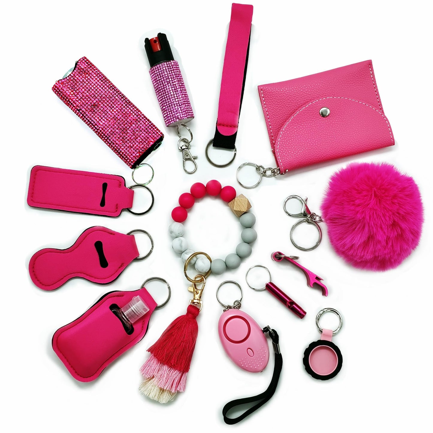 BATUMEYE Gift Keychain Set for Woman with Card Holder, Wristlet Strap, Whistle, Travel Bottle Holder, Bottle Opener