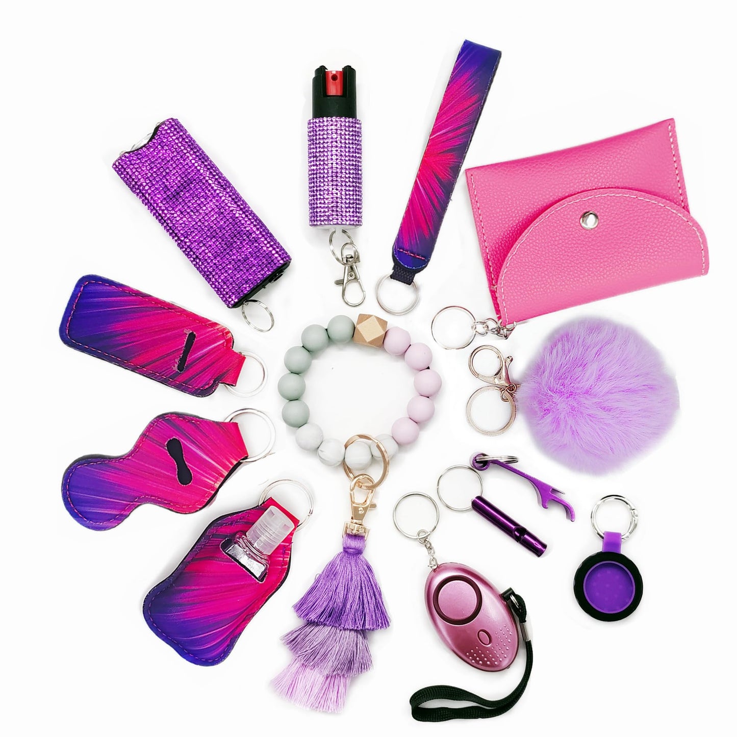 BATUMEYE Gift Keychain Set for Woman with Card Holder, Wristlet Strap, Whistle, Travel Bottle Holder, Bottle Opener