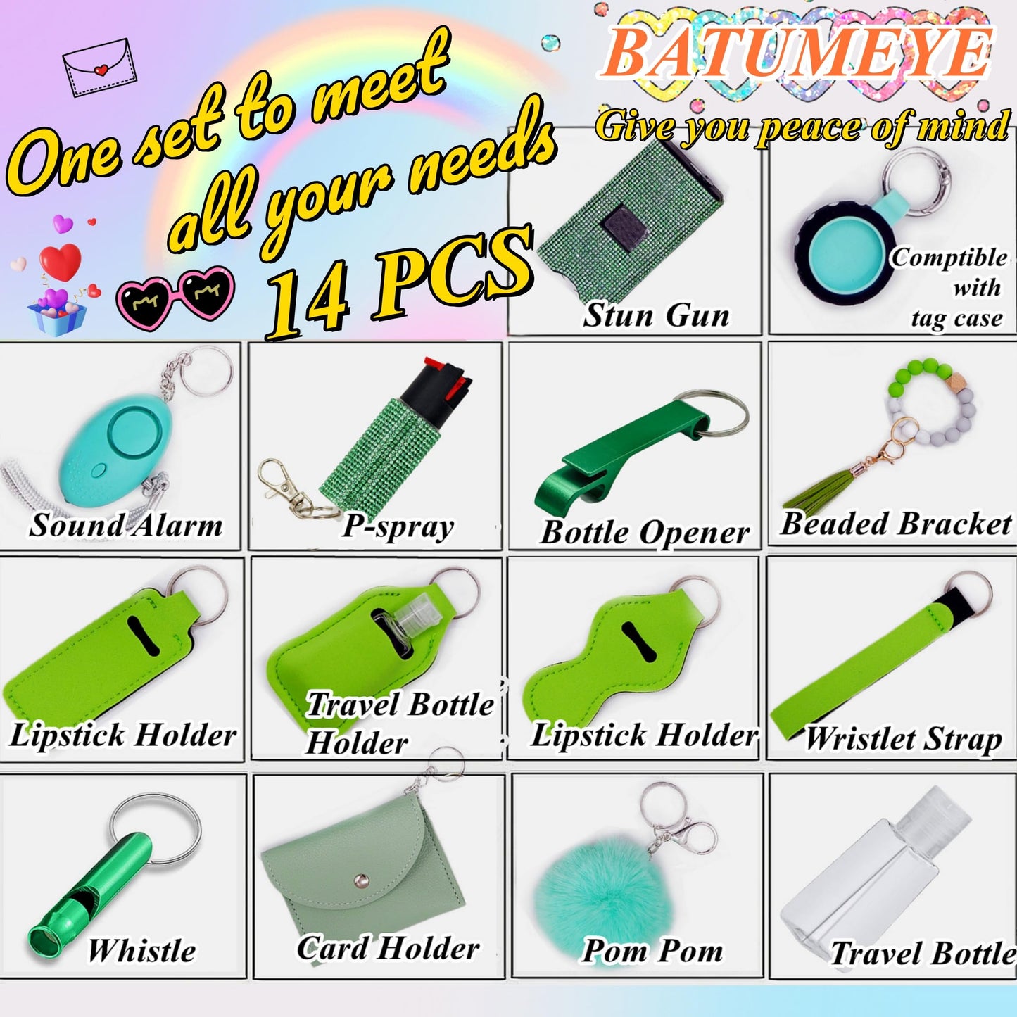 BATUMEYE Gift Keychain Set for Woman with Card Holder, Wristlet Strap, Whistle, Travel Bottle Holder, Bottle Opener