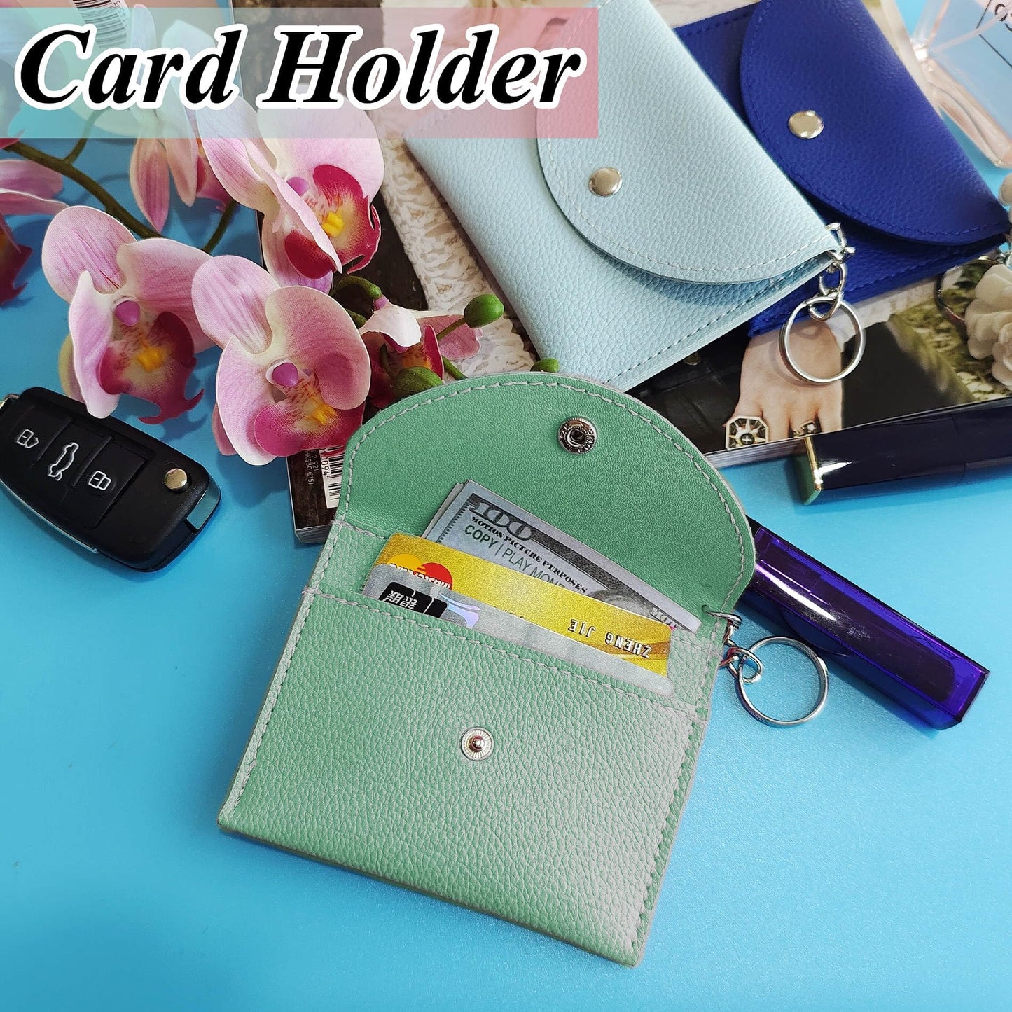 BATUMEYE Gift Keychain Set for Woman with Card Holder, Wristlet Strap, Whistle, Travel Bottle Holder, Bottle Opener