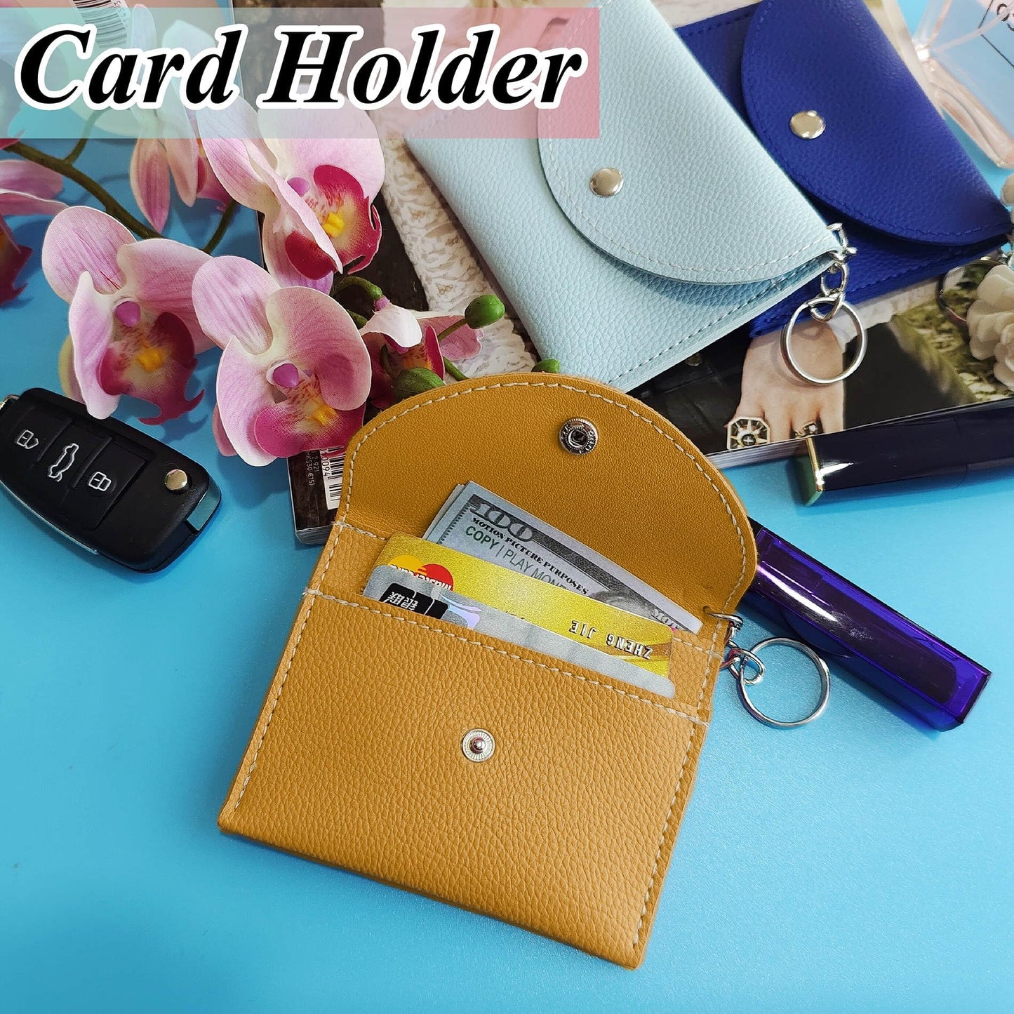 BATUMEYE Gift Keychain Set for Woman with Card Holder, Wristlet Strap, Whistle, Travel Bottle Holder, Bottle Opener