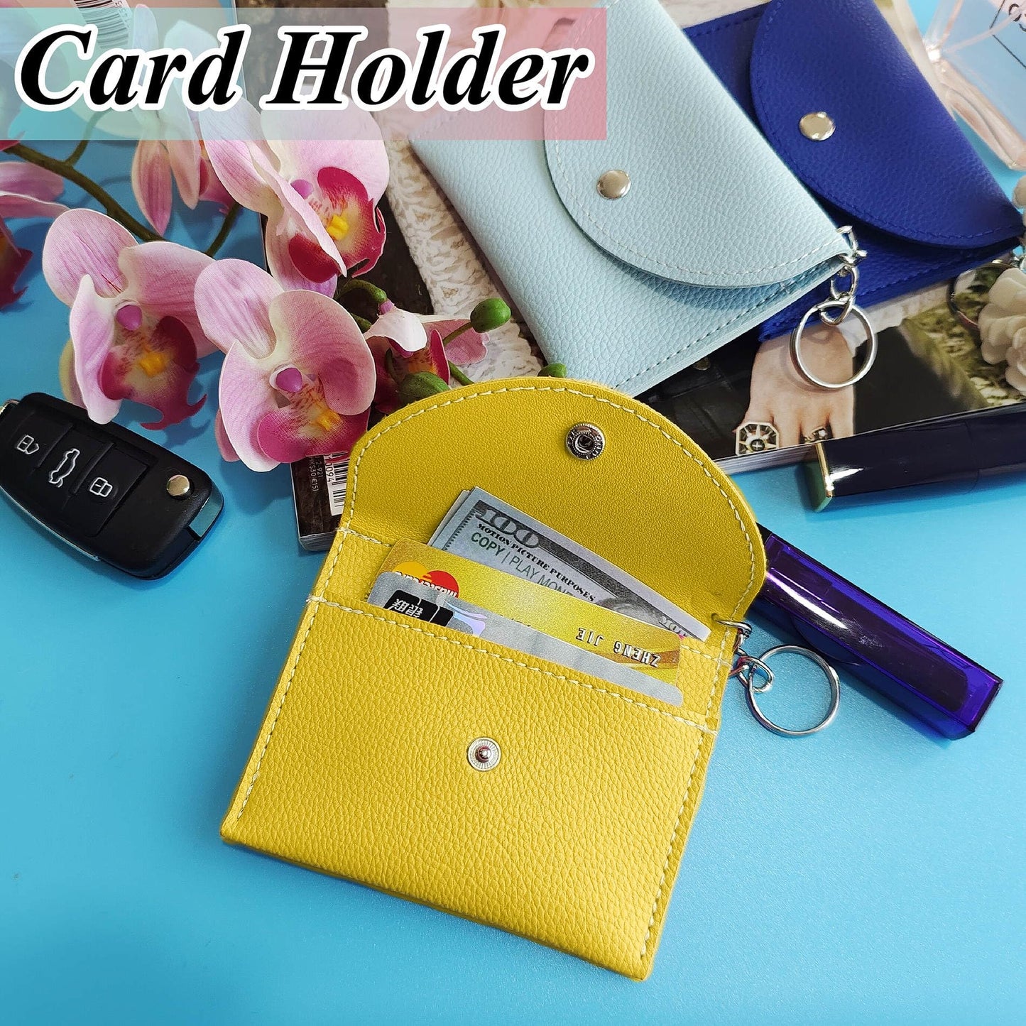 BATUMEYE Gift Keychain Set for Woman with Card Holder, Wristlet Strap, Whistle, Travel Bottle Holder, Bottle Opener