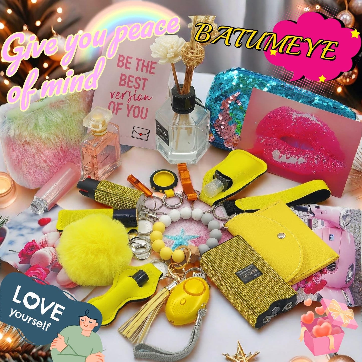 BATUMEYE Gift Keychain Set for Woman with Card Holder, Wristlet Strap, Whistle, Travel Bottle Holder, Bottle Opener