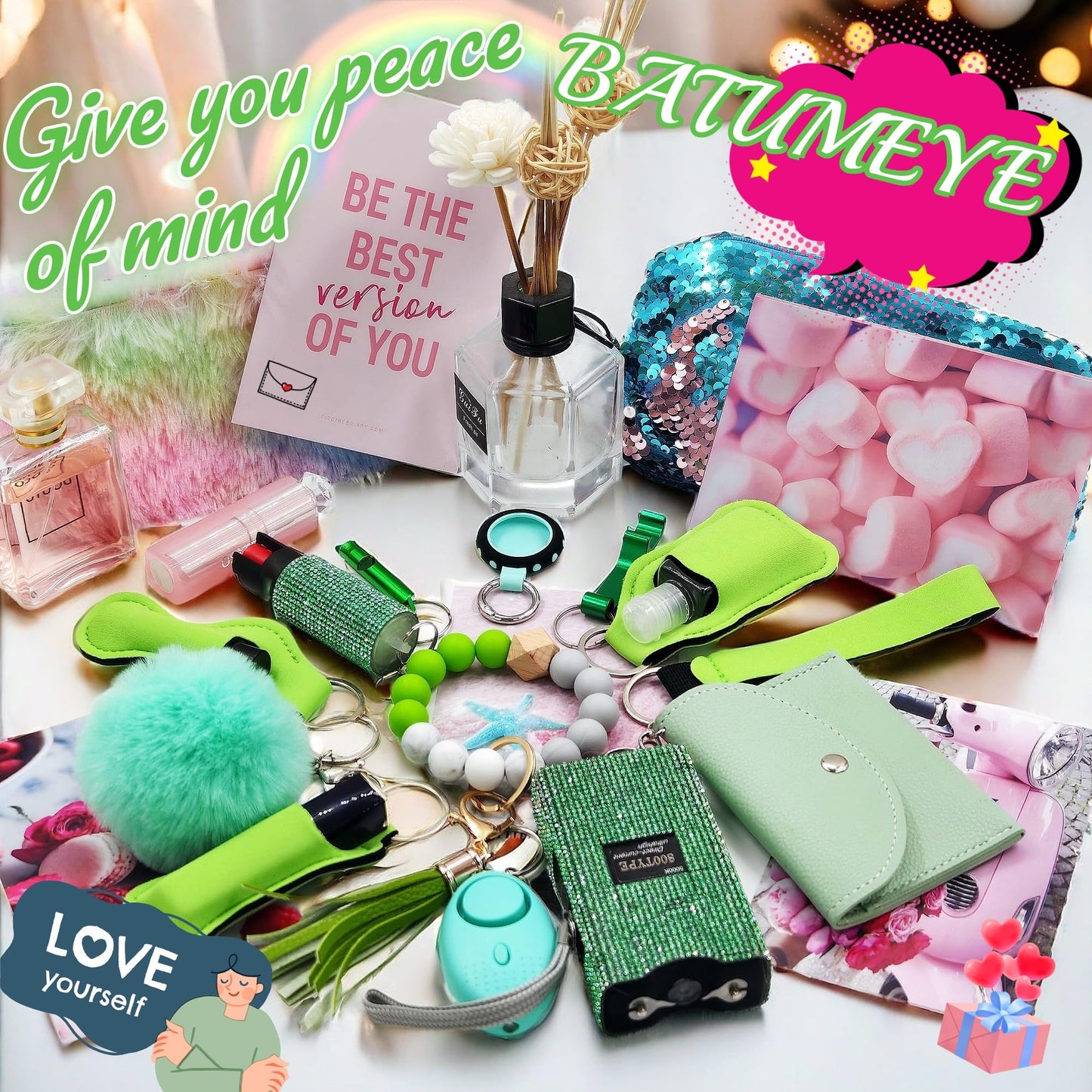 BATUMEYE Gift Keychain Set for Woman with Card Holder, Wristlet Strap, Whistle, Travel Bottle Holder, Bottle Opener