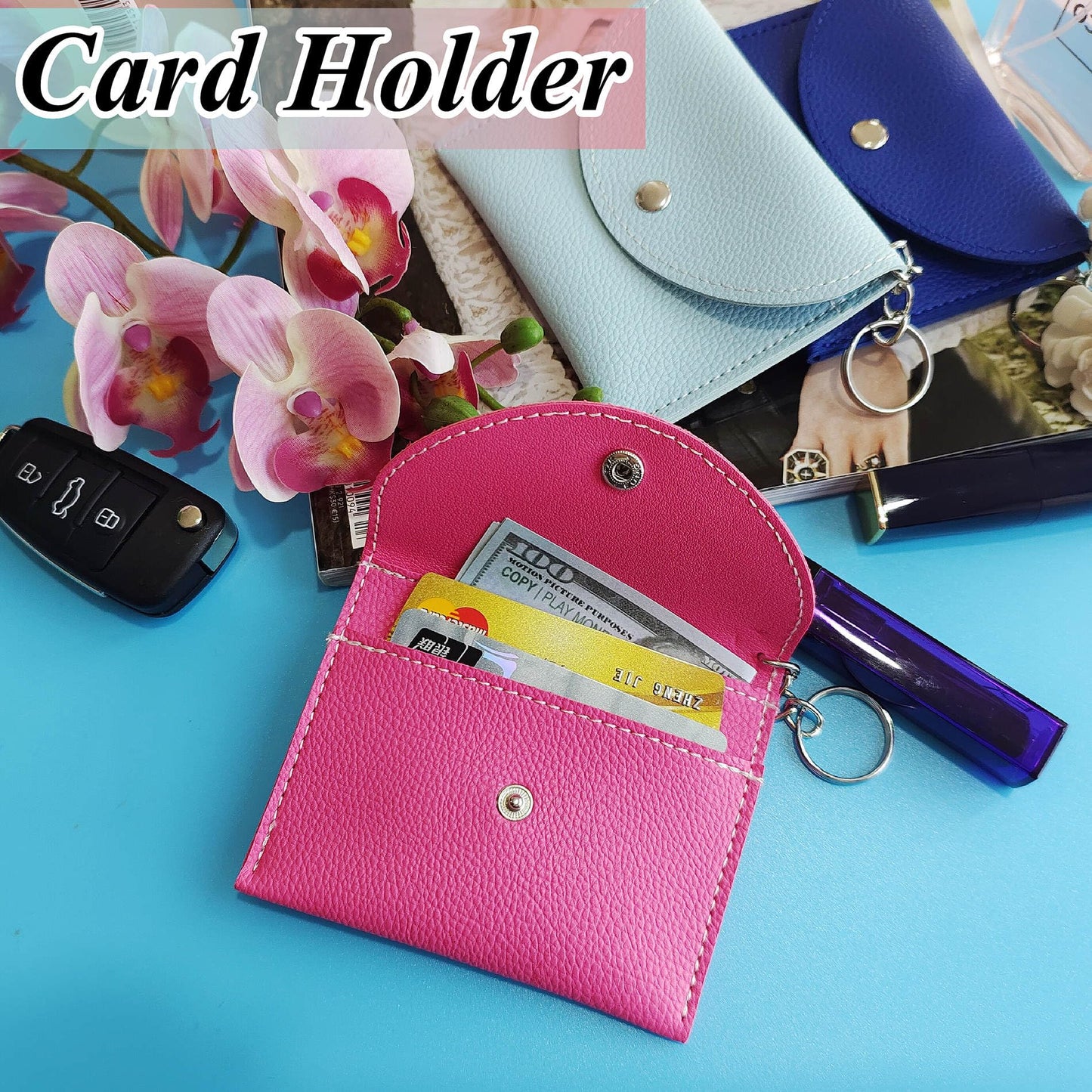 BATUMEYE Gift Keychain Set for Woman with Card Holder, Wristlet Strap, Whistle, Travel Bottle Holder, Bottle Opener