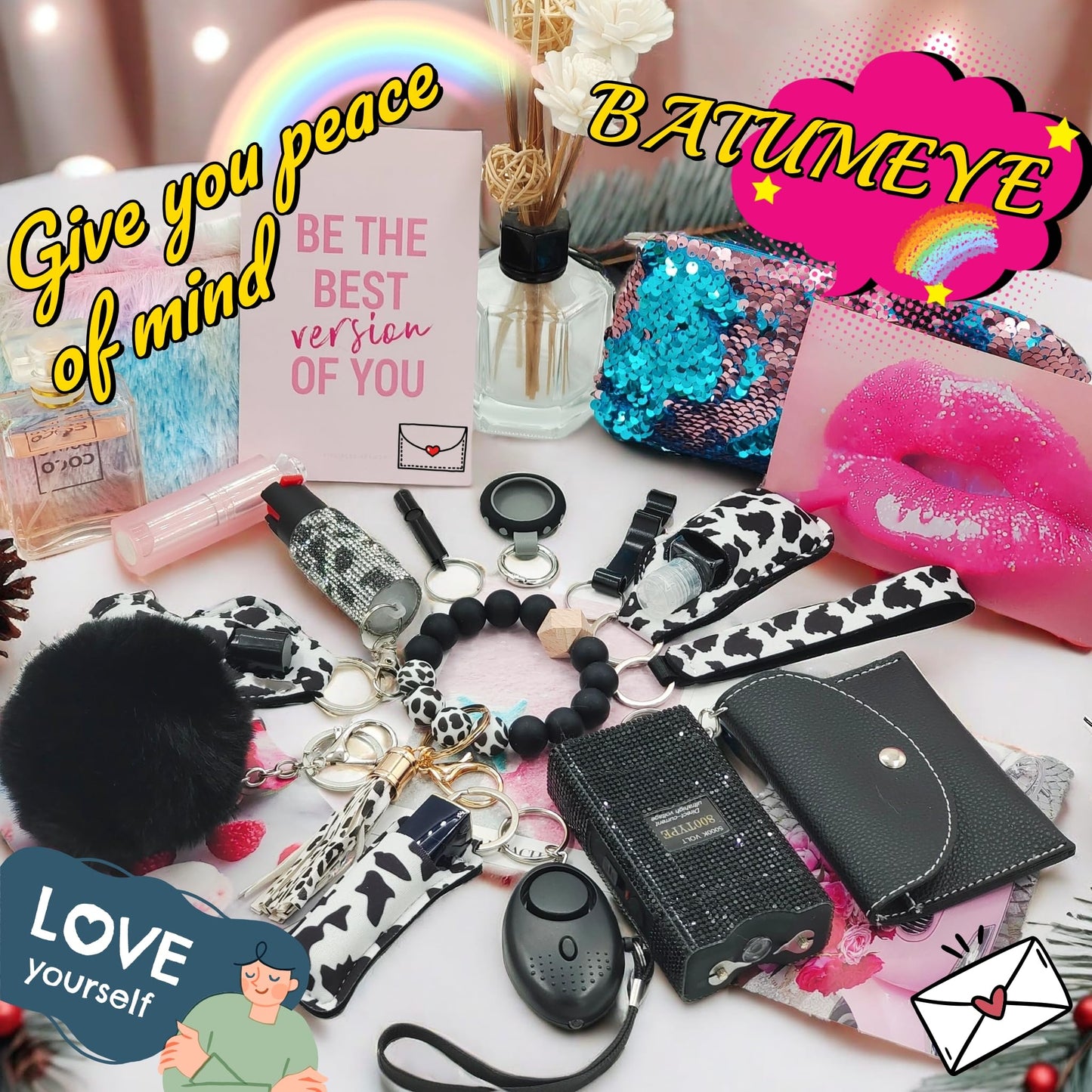 BATUMEYE Gift Keychain Set for Woman with Card Holder, Wristlet Strap, Whistle, Travel Bottle Holder, Bottle Opener