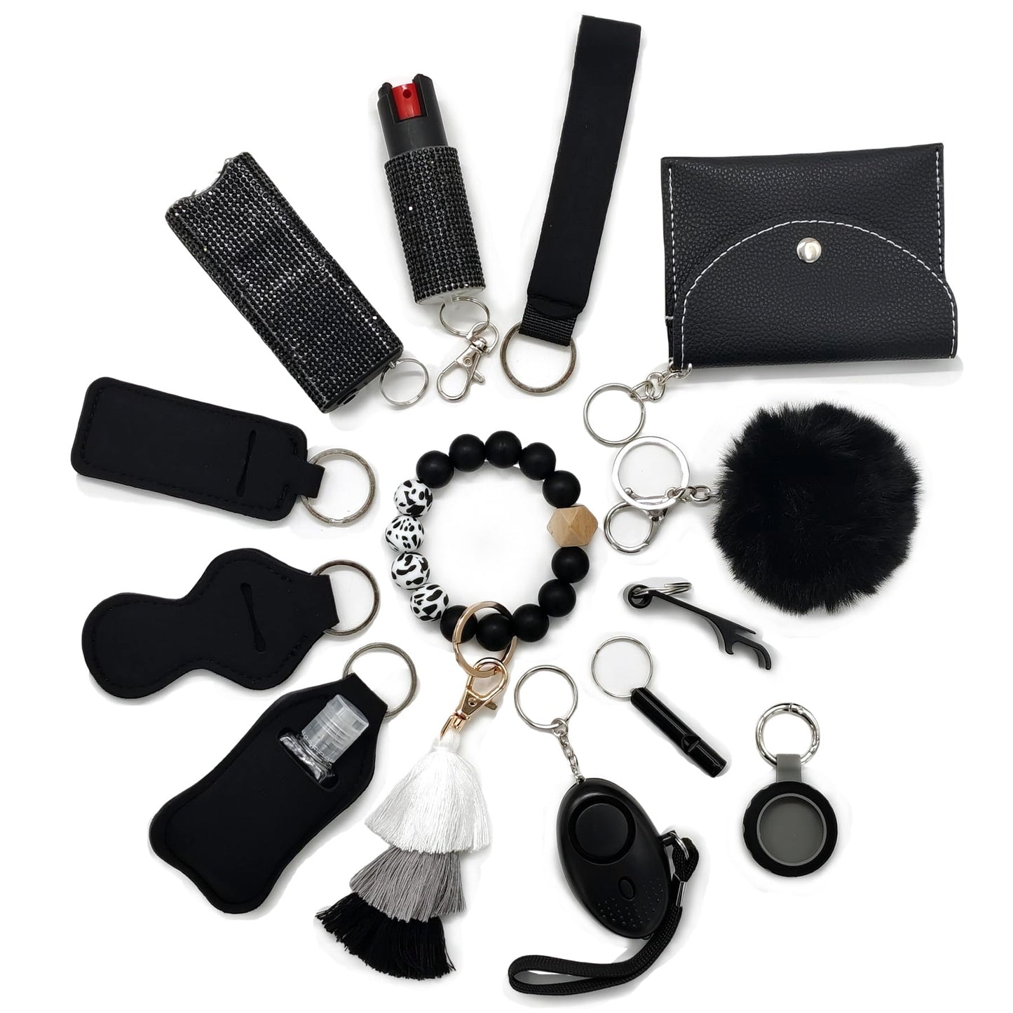 BATUMEYE Gift Keychain Set for Woman with Card Holder, Wristlet Strap, Whistle, Travel Bottle Holder, Bottle Opener