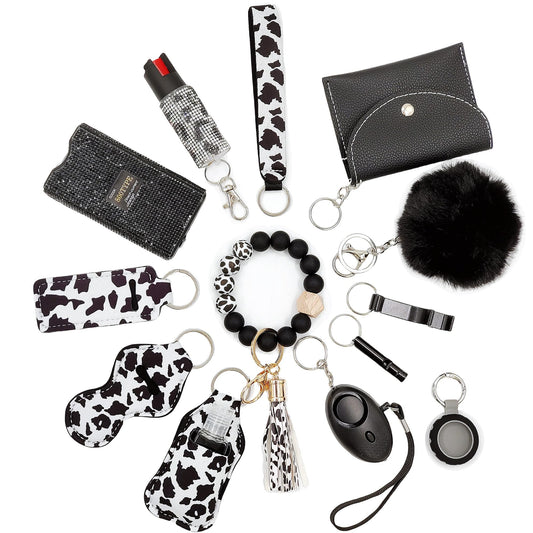 BATUMEYE Gift Keychain Set for Woman with Card Holder, Wristlet Strap, Whistle, Travel Bottle Holder, Bottle Opener