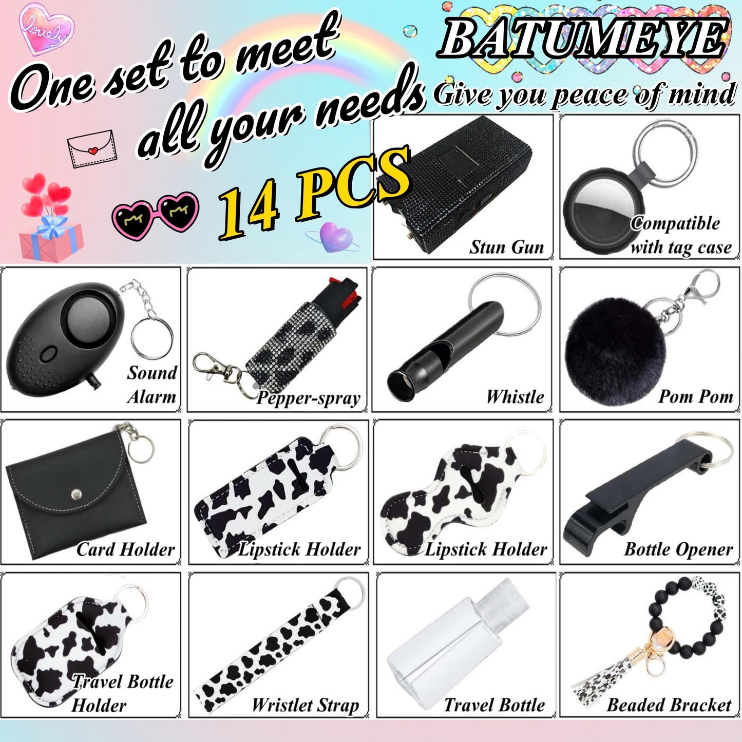 BATUMEYE Gift Keychain Set for Woman with Card Holder, Wristlet Strap, Whistle, Travel Bottle Holder, Bottle Opener