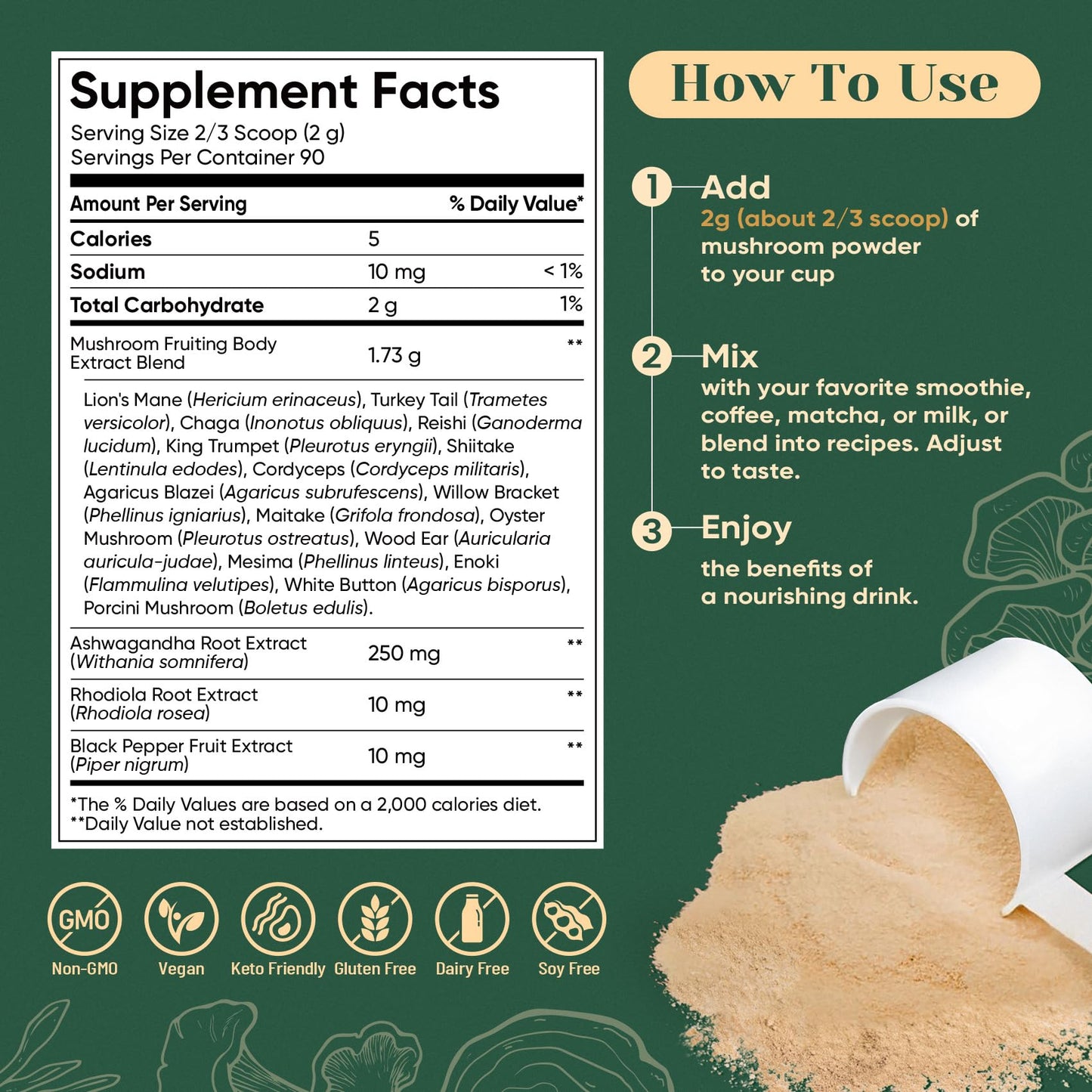 Venture Pal Mushroom Powder – 16 Mushroom Blend with Adaptogens for Coffee & Tea | Ashwagandha, Lion’s Mane, Rhodiola | 10:1 Extract from 100% Fruiting Bodies | 90 Servings