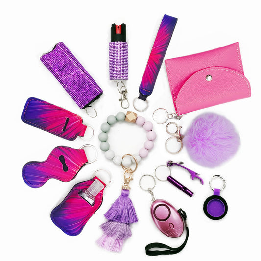 BATUMEYE Gift Keychain Set for Woman with Card Holder, Wristlet Strap, Whistle, Travel Bottle Holder, Bottle Opener
